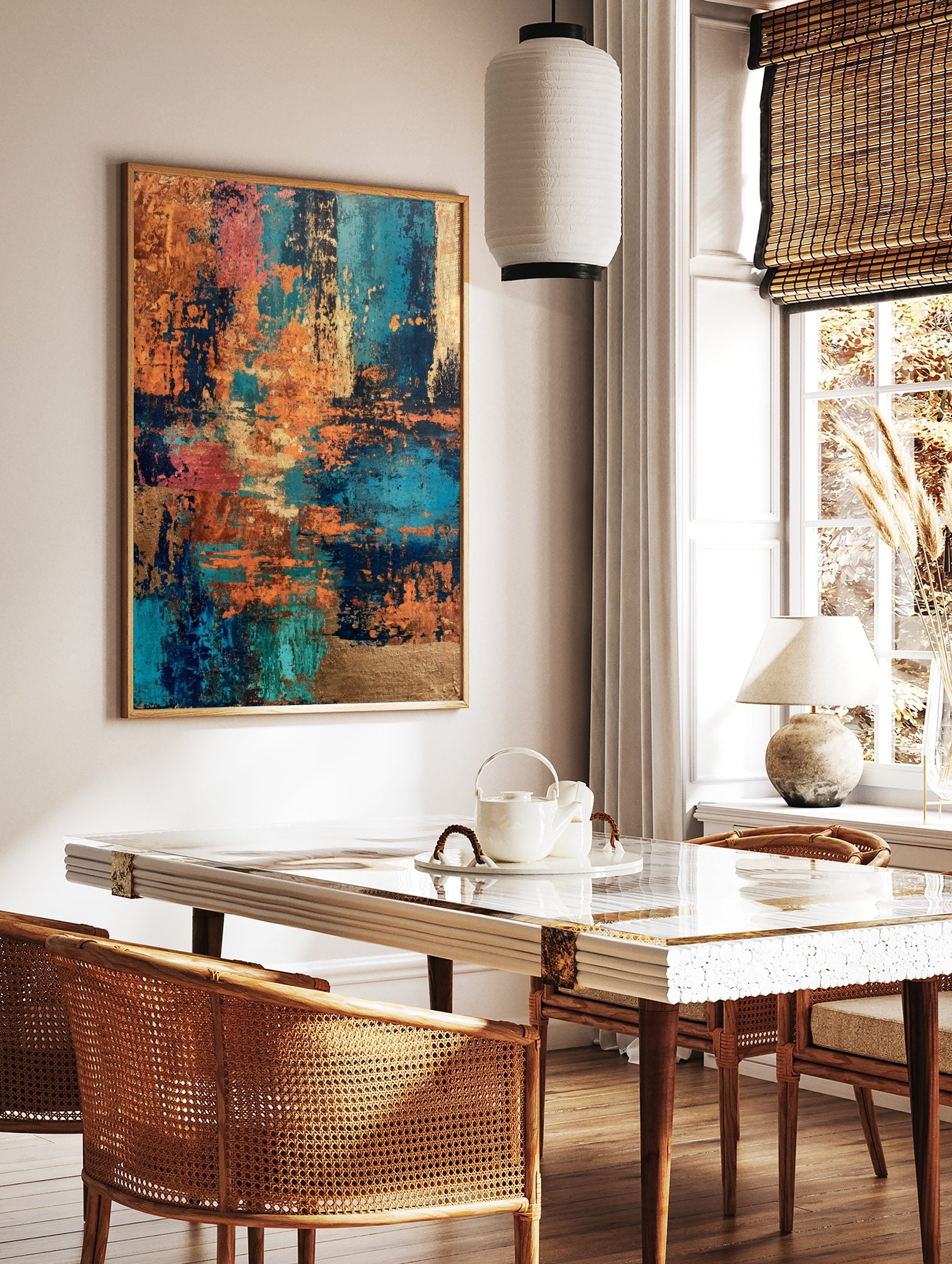Abstract art print with distressed copper, teal, navy, and coral textures, creating a modern, in a styled room mockup