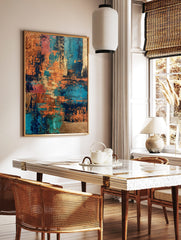 Abstract art print with distressed copper, teal, navy, and coral textures, creating a modern, in a styled room mockup