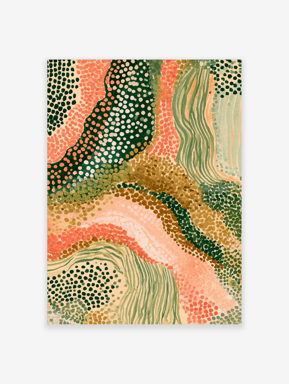 Abstract coral and green pattern art print with dotted and wavy shapes