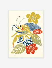 Abstract illustrative print of a yellow crab with blue claws and antennae, surrounded by yellow, blue, and red flowers and