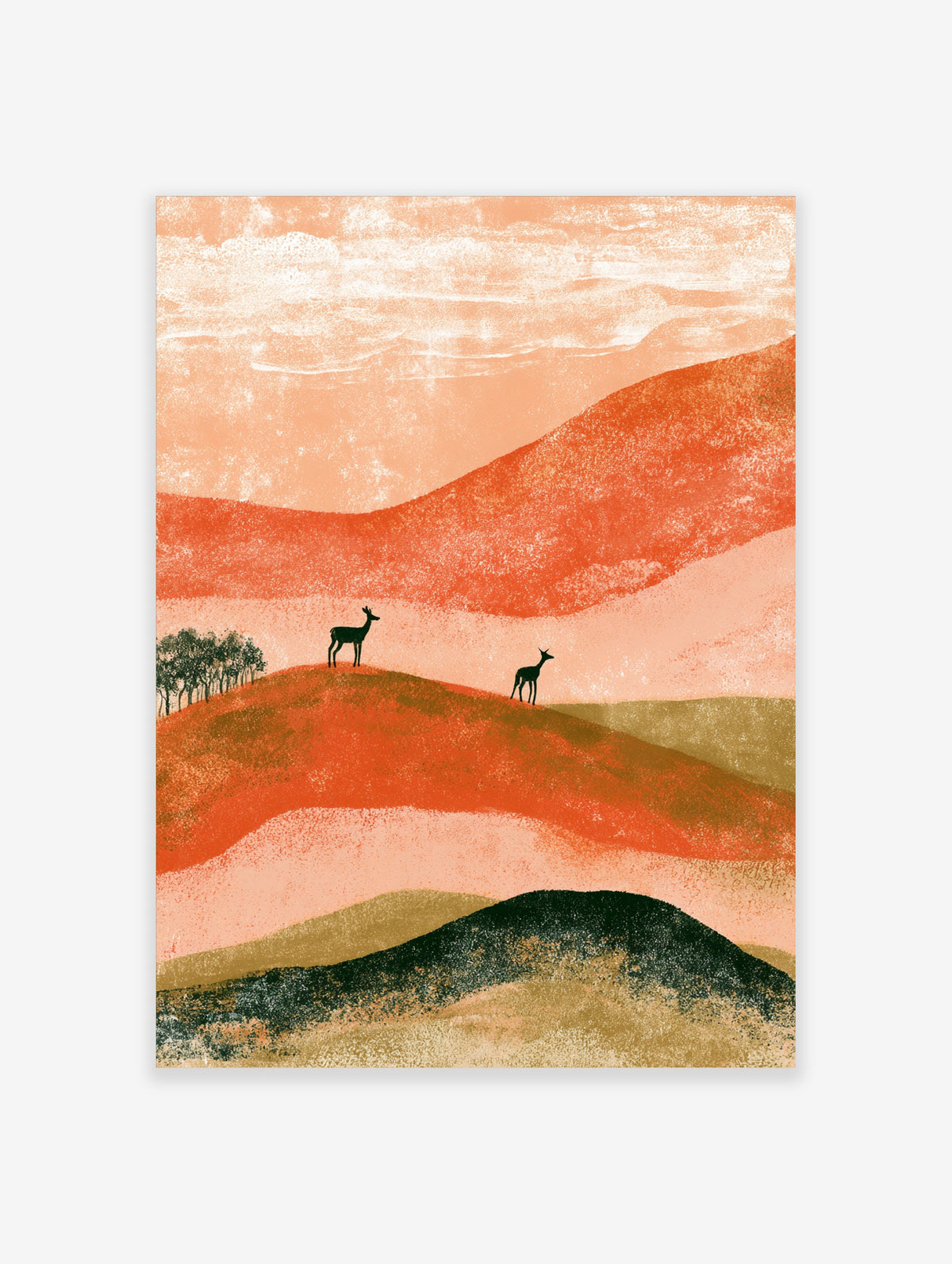 Abstract deer landscape art print with two deer on orange and olive hills under a pale textured sky