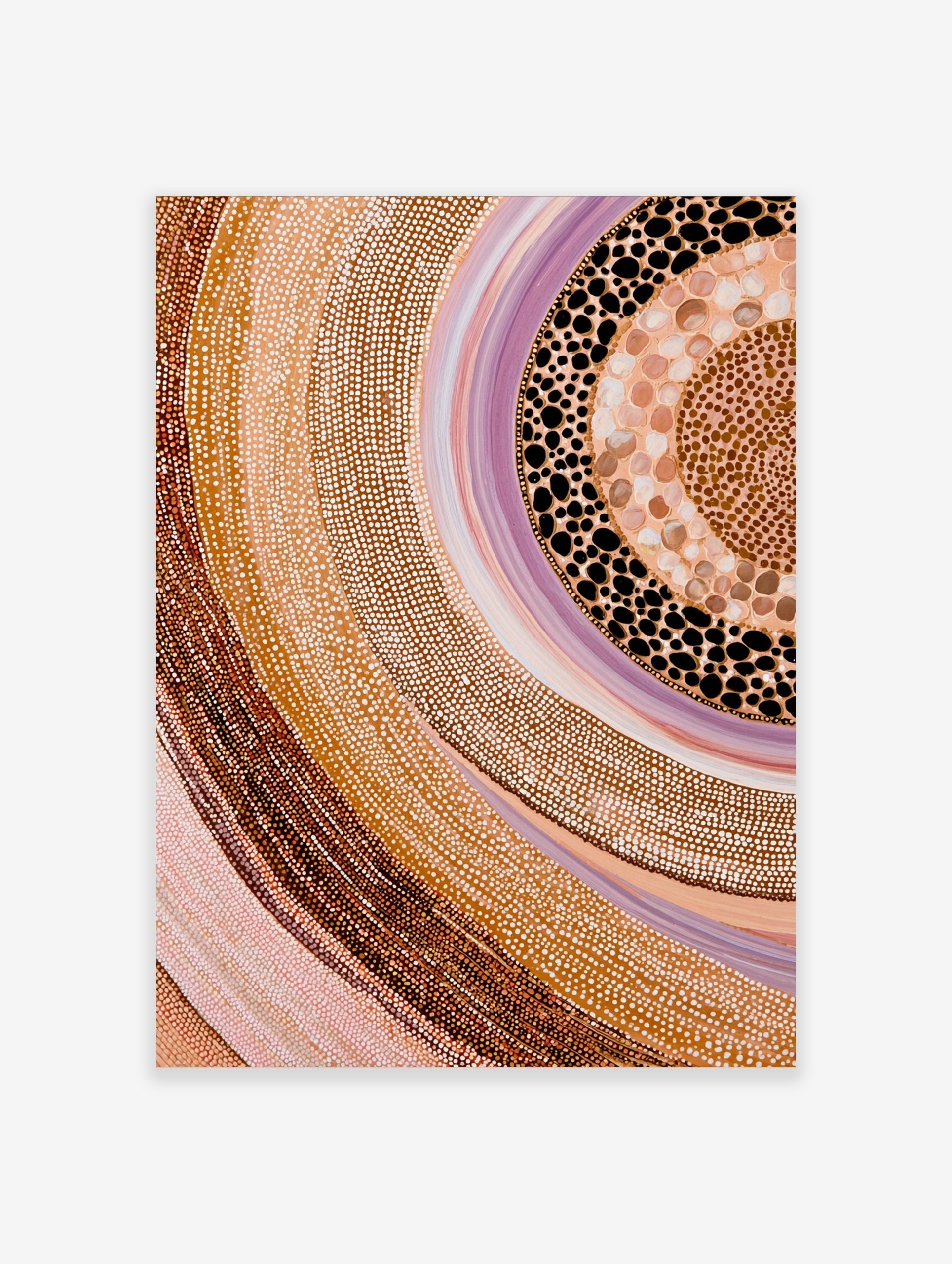 Abstract dot painting wall art with swirling bands of earthy browns, beiges, pinks, whites, purples, and black shapes