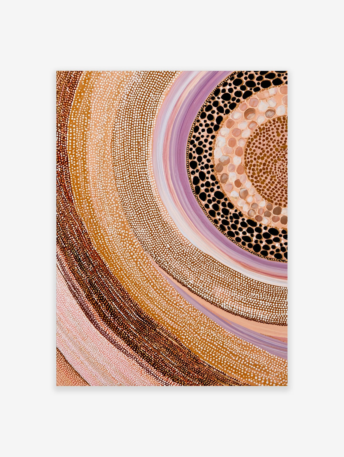 Abstract dot painting wall art with swirling bands of earthy browns, beiges, pinks, whites, purples, and black shapes
