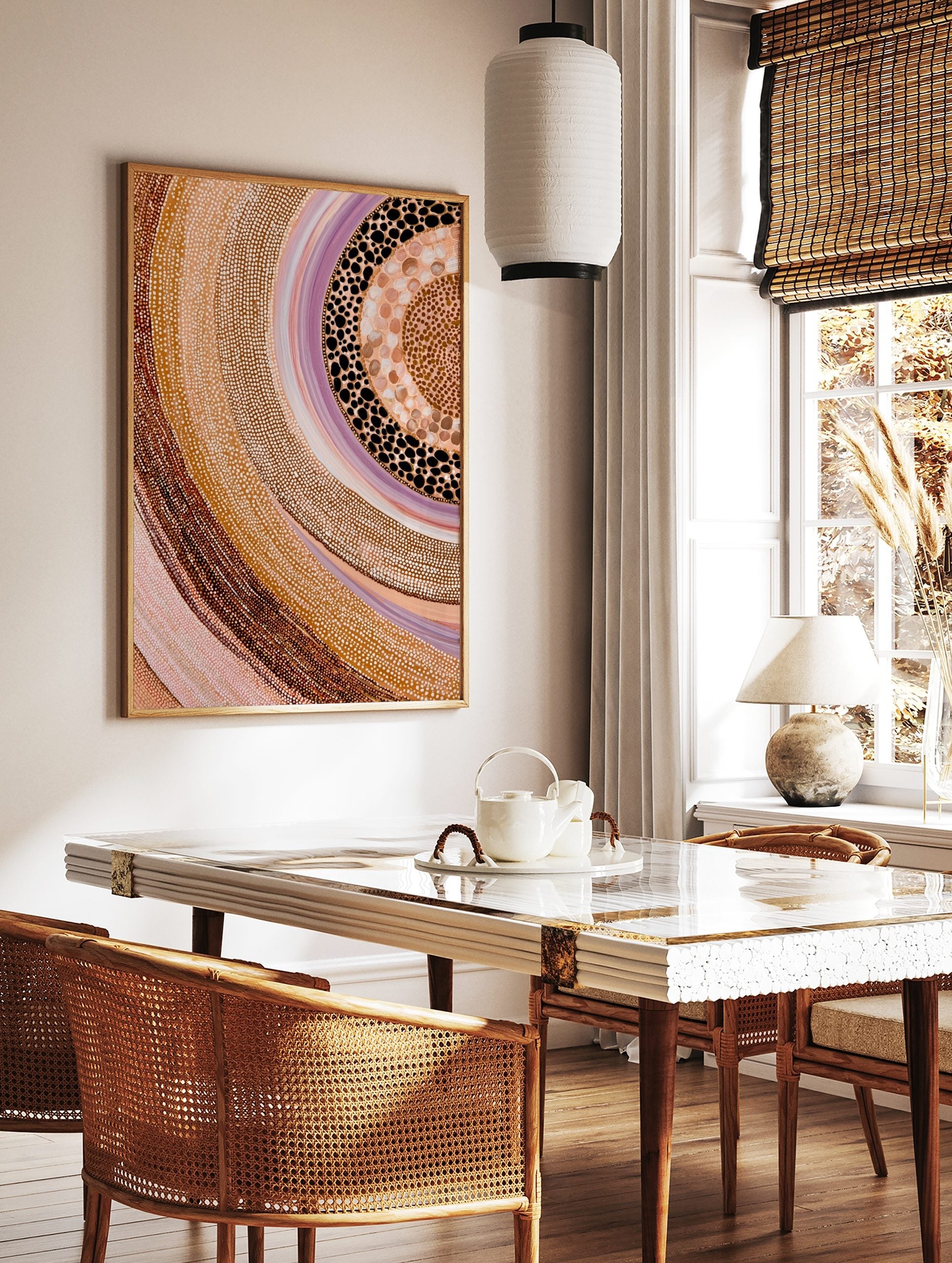 Abstract dot painting wall art with swirling bands of earthy browns, beiges, pinks, whites, in a styled room mockup