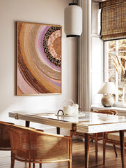 Abstract dot painting wall art with swirling bands of earthy browns, beiges, pinks, whites, in a styled room mockup