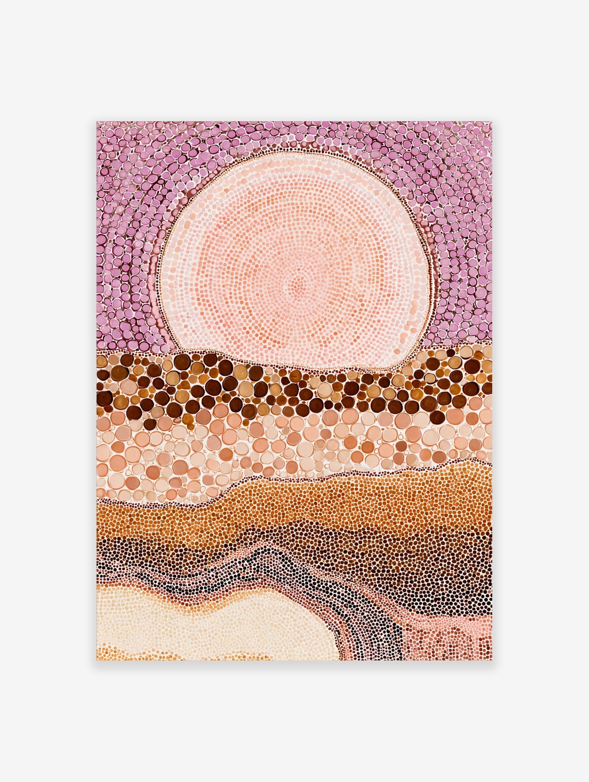 Abstract dot painting wall art with large pink orb, purple dotted sky, and layered brown and beige landscape