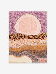 Abstract dot painting wall art with large pink orb, purple dotted sky, and layered brown and beige landscape