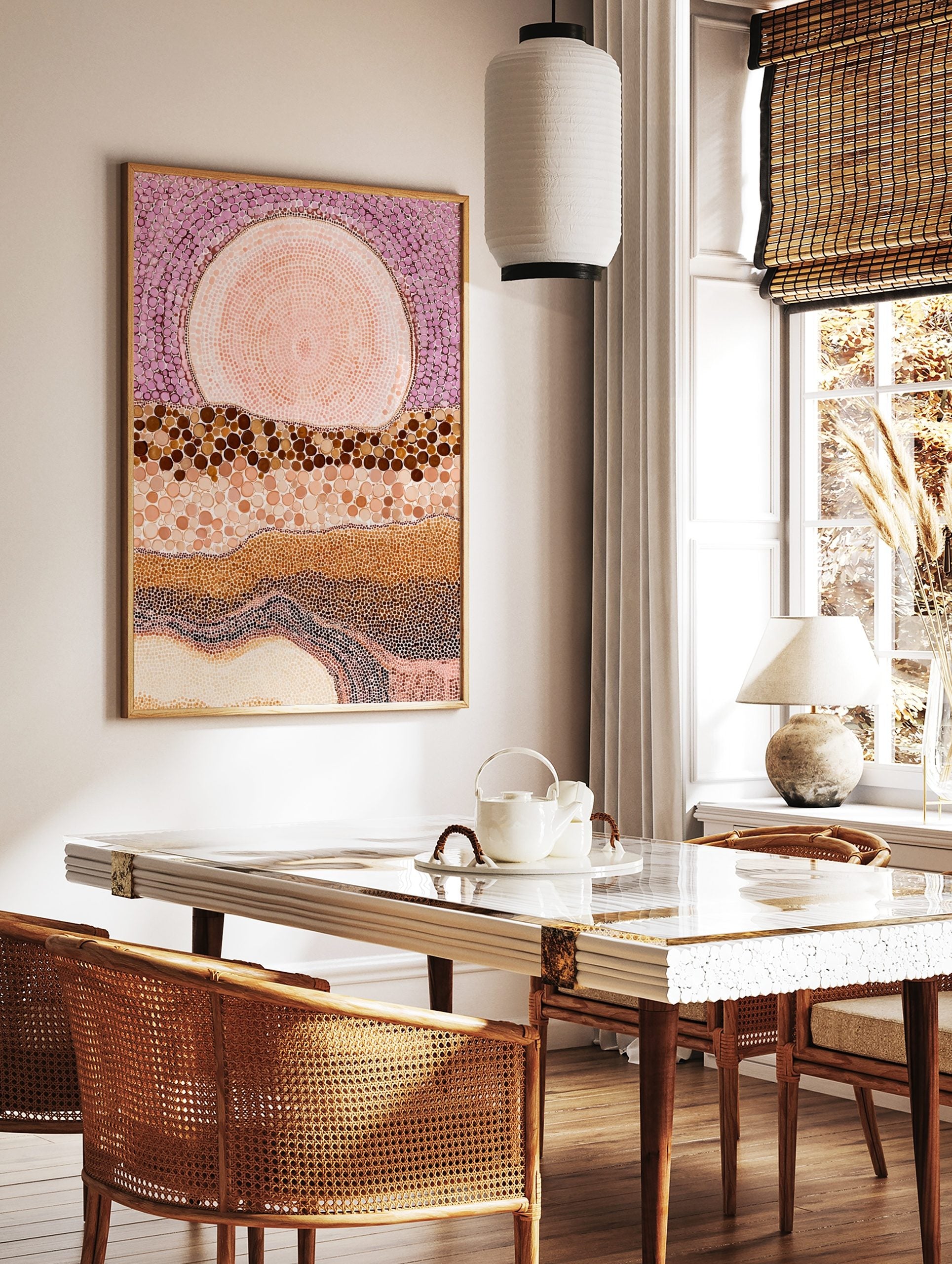 Abstract dot painting wall art with large pink orb, purple dotted sky, and layered brown and beige, in a styled room mockup
