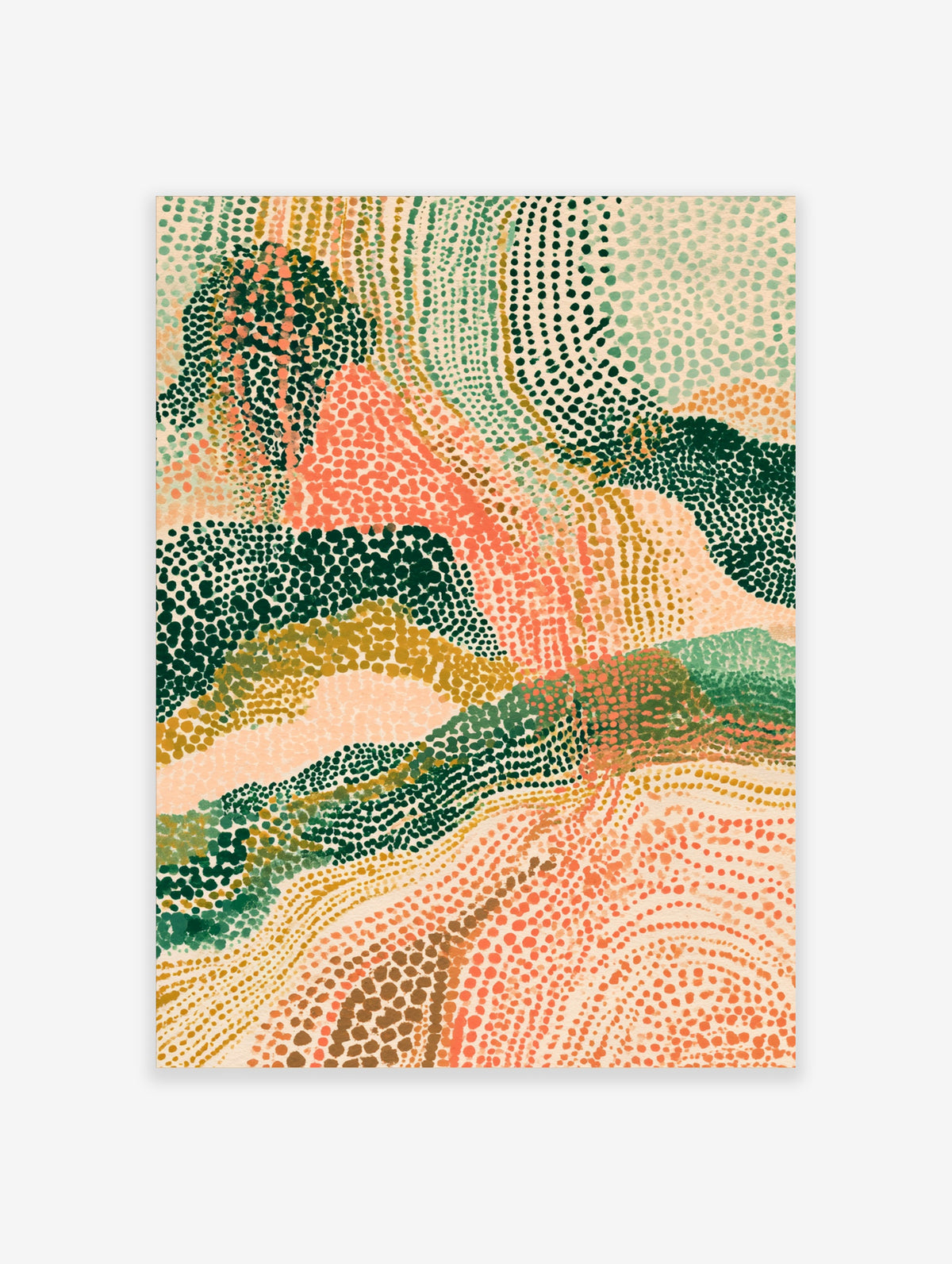 Abstract dot pattern art print with coral, green, and ochre stippled shapes on cream