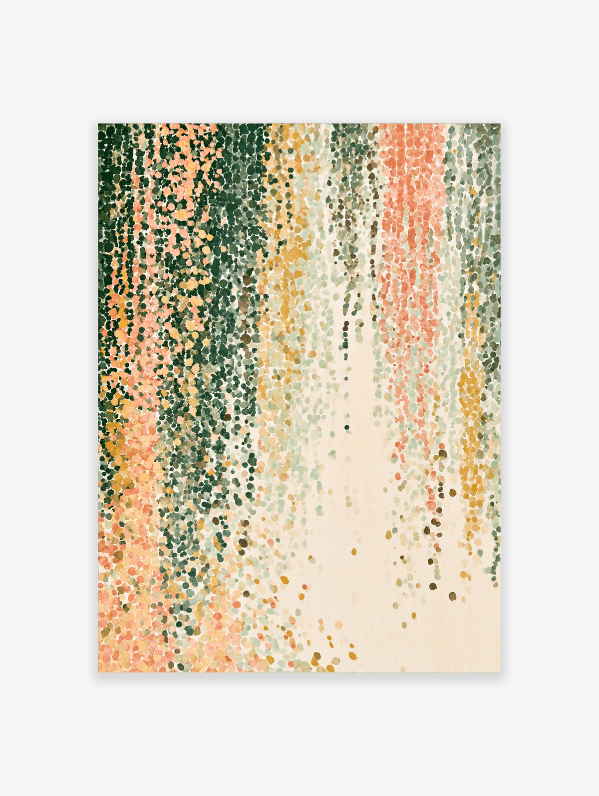 Abstract dot pattern poster with vertical green, peach, and mustard dots on cream background