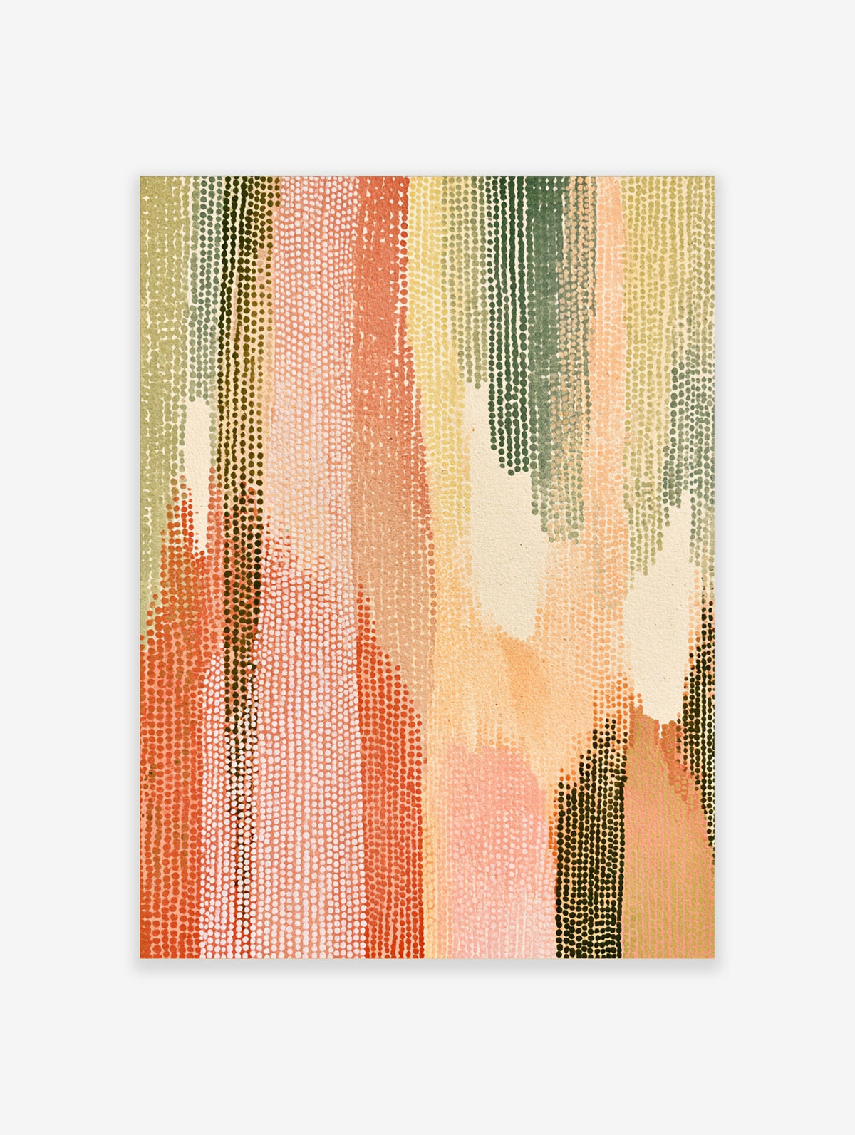 Abstract dot pattern poster with vertical stripes in green, coral, peach and cream