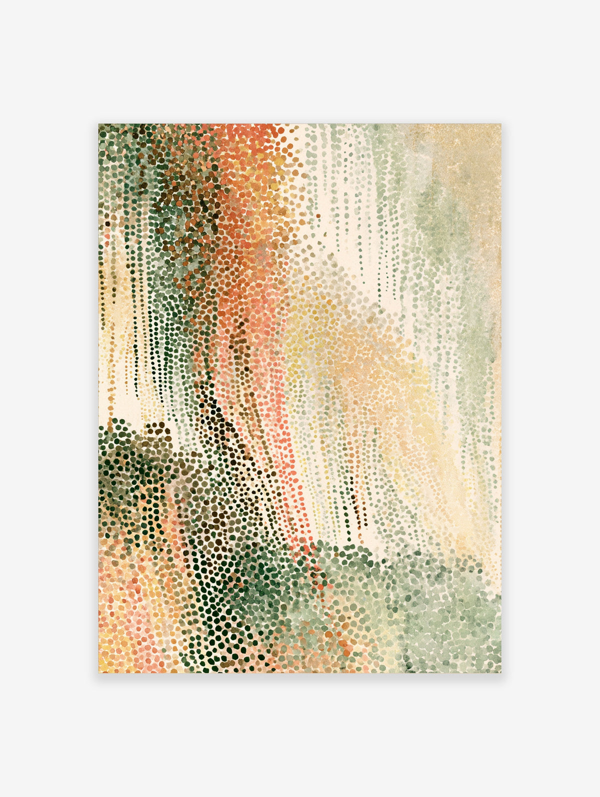 Abstract dot pattern poster with green, orange, and cream dots forming a vertical gradient