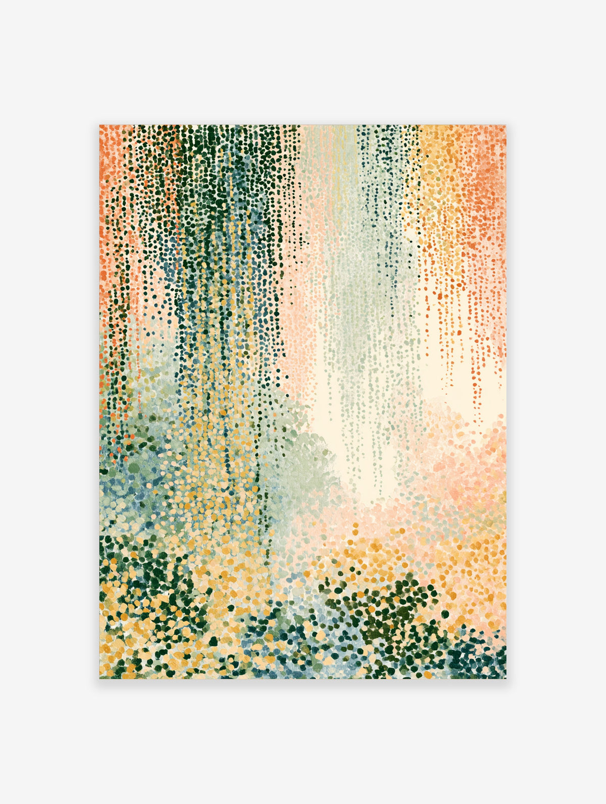 Abstract dot pattern art print with green, blue, orange and yellow marks on a pale background