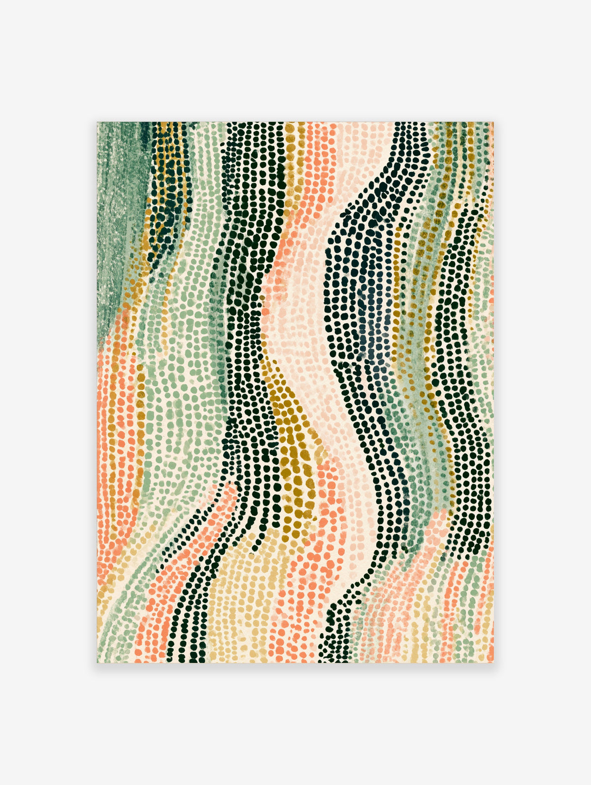 Abstract dot pattern wall art with wavy vertical bands of green, coral, mustard and teal dots on cream