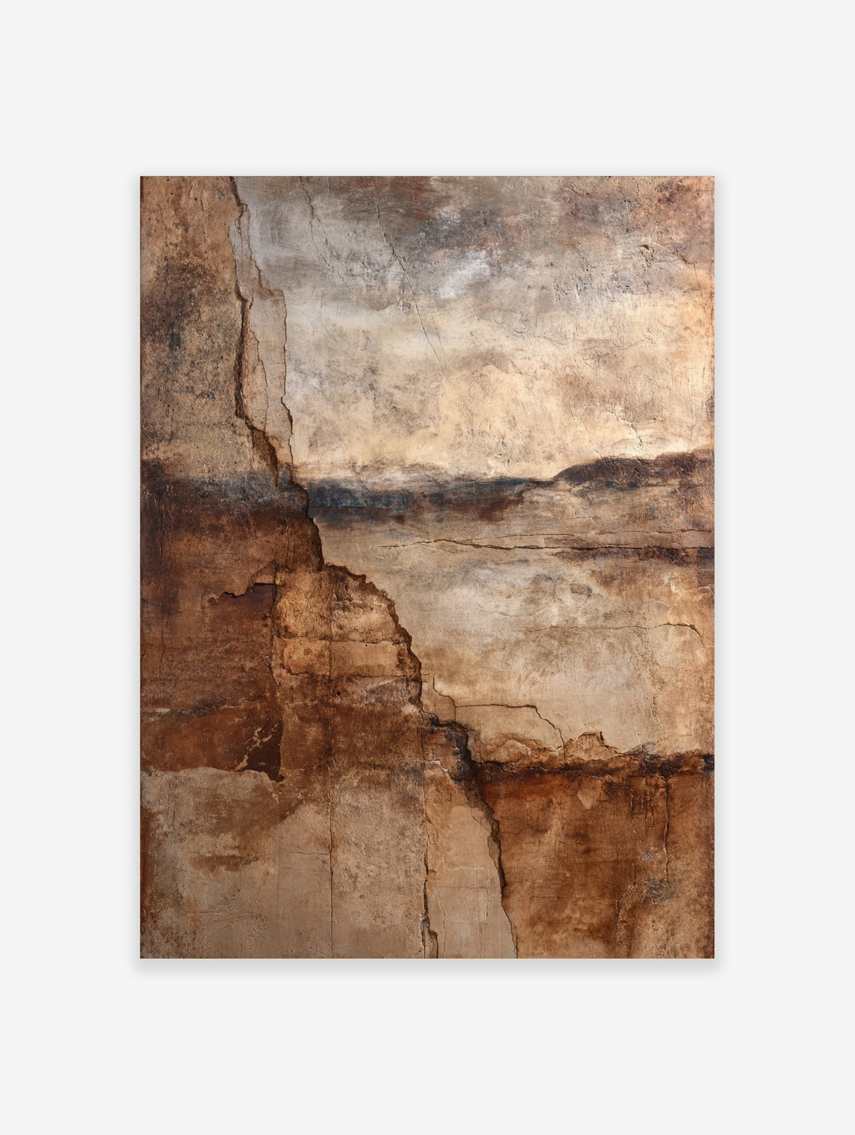 Abstract wall art print with deep cracks and layered textures in brown, beige, and dark earth tones