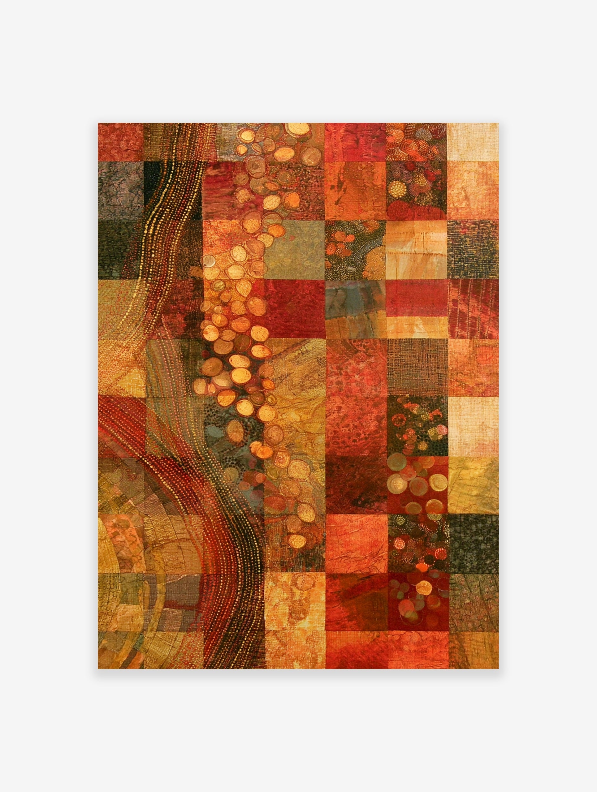 Abstract grid wall art with red, orange, and brown textured squares and a vertical dotted wave pattern