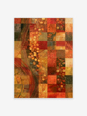 Abstract grid wall art with red, orange, and brown textured squares and a vertical dotted wave pattern