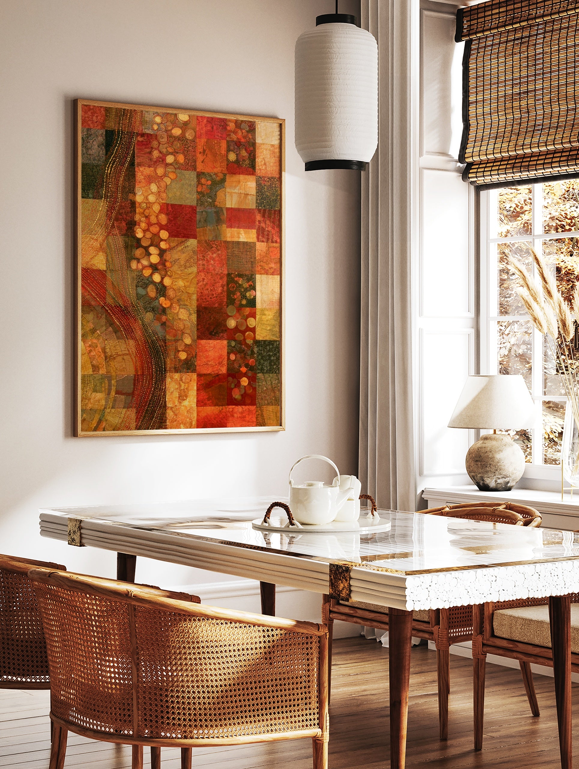 Abstract grid wall art with red, orange, and brown textured squares and a vertical dotted wave, in a styled room mockup