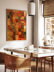Abstract grid wall art with red, orange, and brown textured squares and a vertical dotted wave, in a styled room mockup