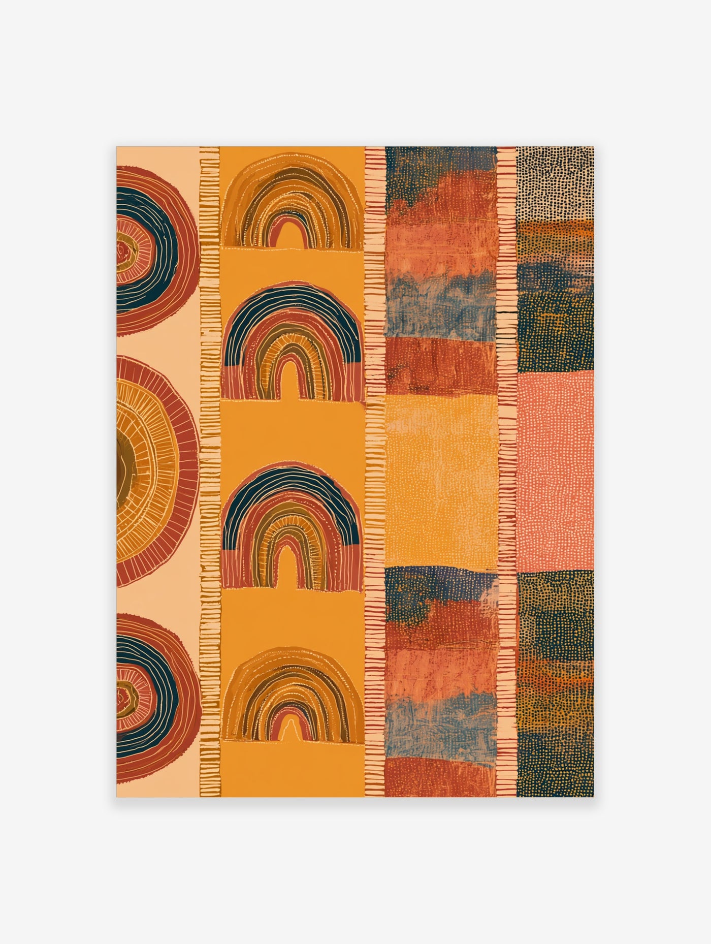 Abstract earth tone wall art with concentric circles, rainbow arches, and textured stripes in orange and blue