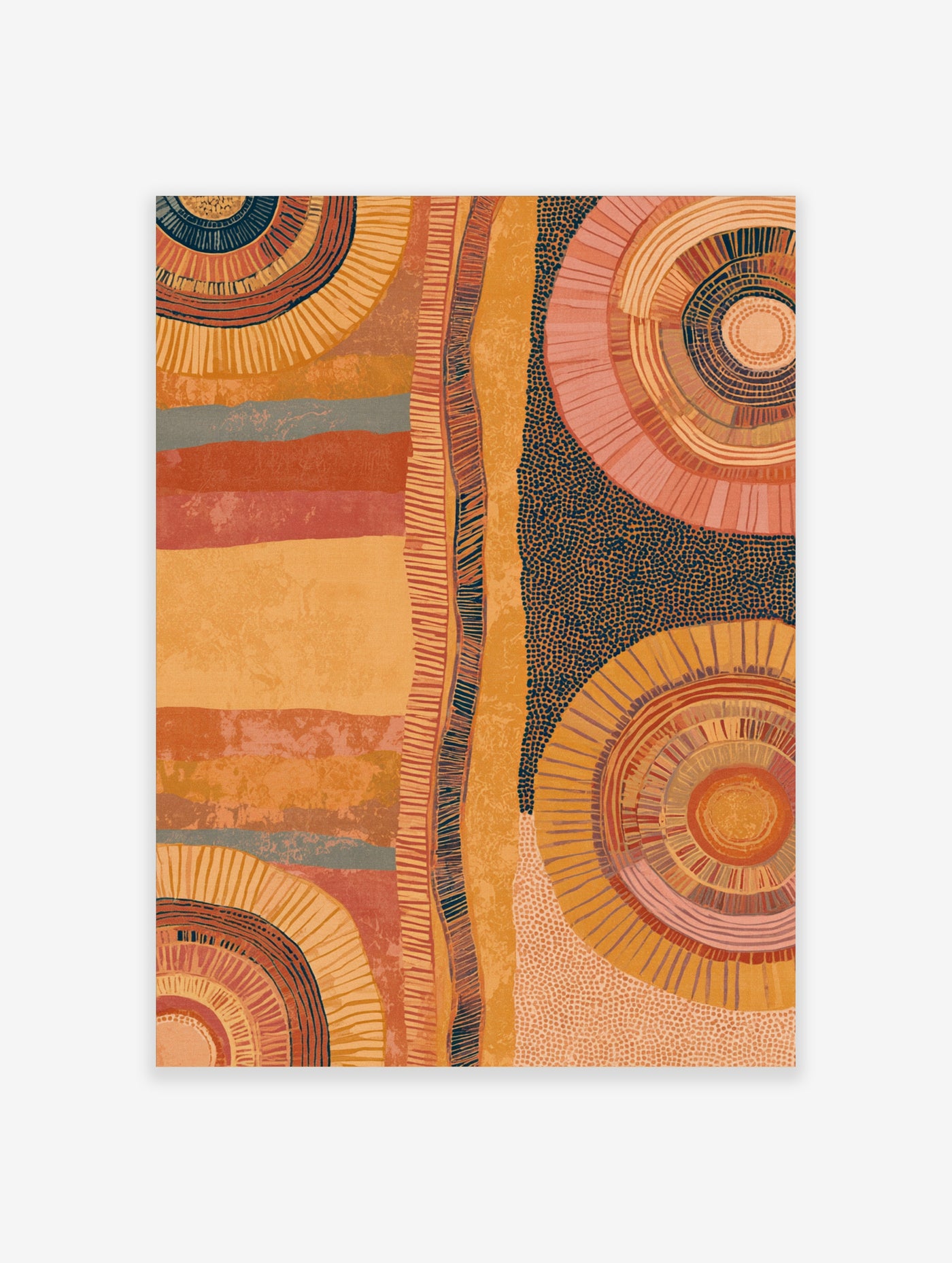 Abstract earth tone wall art with concentric circles, layered bands, and dot patterns on a textured paper background