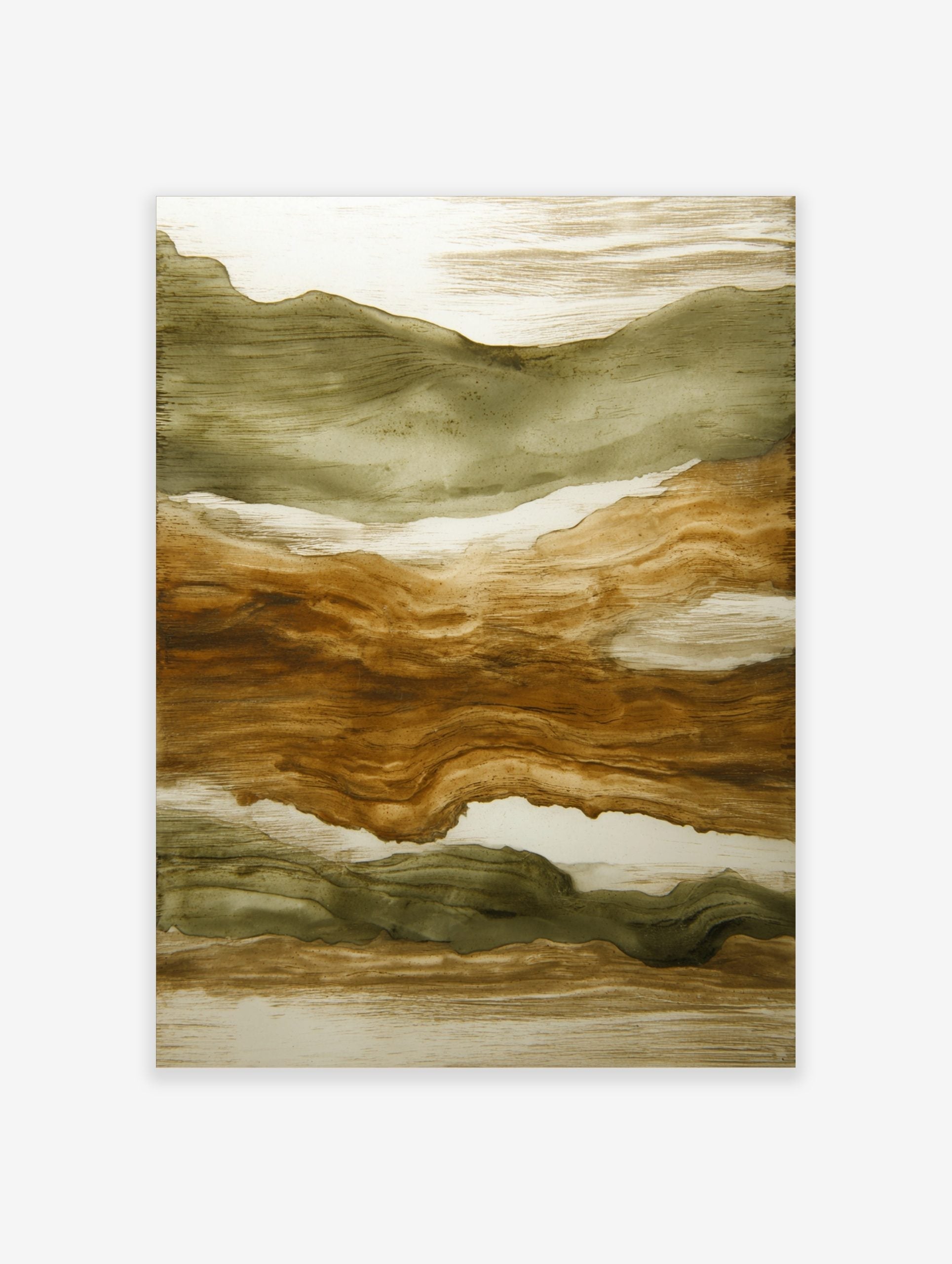 Abstract landscape art print with layered horizontal bands of olive green and brown on a white background, textured