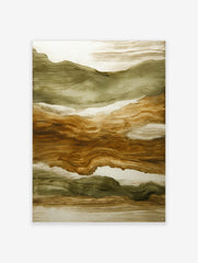 Abstract landscape art print with layered horizontal bands of olive green and brown on a white background, textured