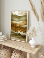 Abstract landscape art print with layered horizontal bands of olive green and brown on a, in an alternate framed mockup