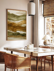 Abstract art print with horizontal layers of earthy brown and olive green, textured like a, in a styled room mockup