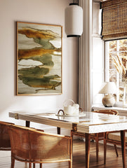 Abstract organic shapes in rust brown, sage green, and cream with dark outlines, flowing vertically, in a styled room mockup
