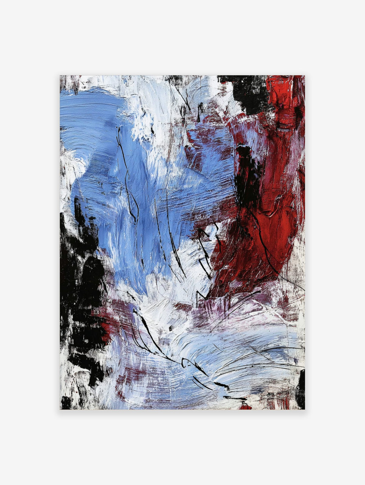 Abstract expressionist art print with bold blue, red, black, and white textured brushstrokes