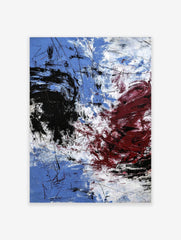 Abstract expressionist art print with blue, white, black, and red energetic brushstrokes and fine lines