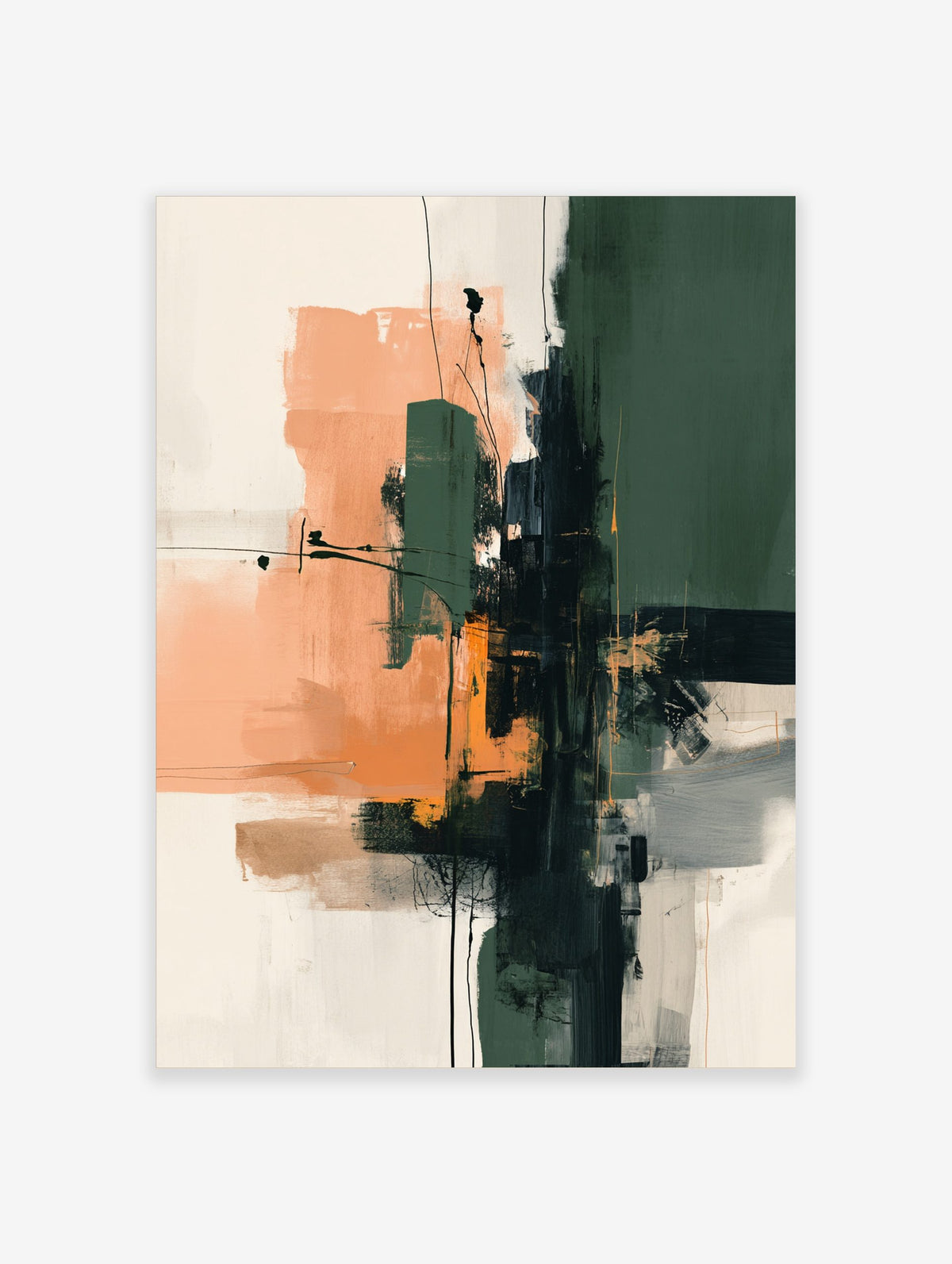 Abstract art print with dark green, peach, and black brushstrokes and lines on a light background