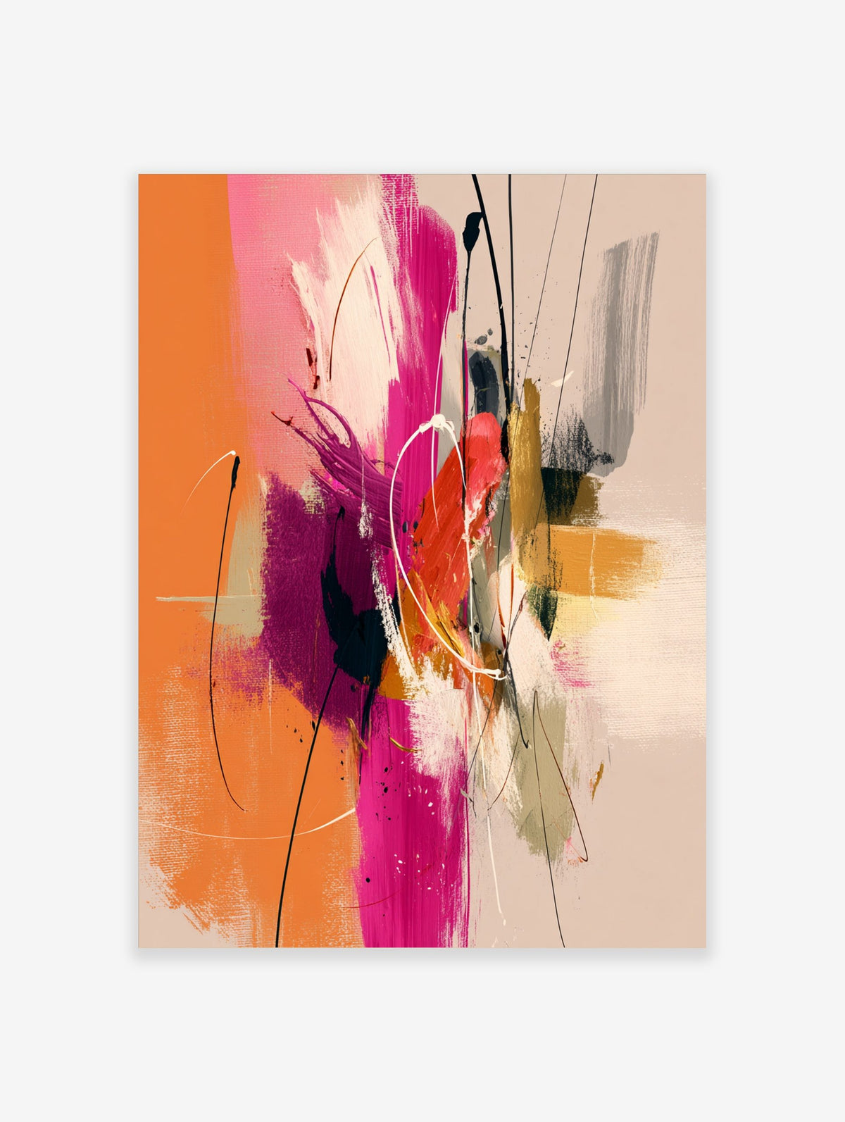 Abstract painting with orange, hot pink, gold, and dark brushstrokes, white lines, and splatters
