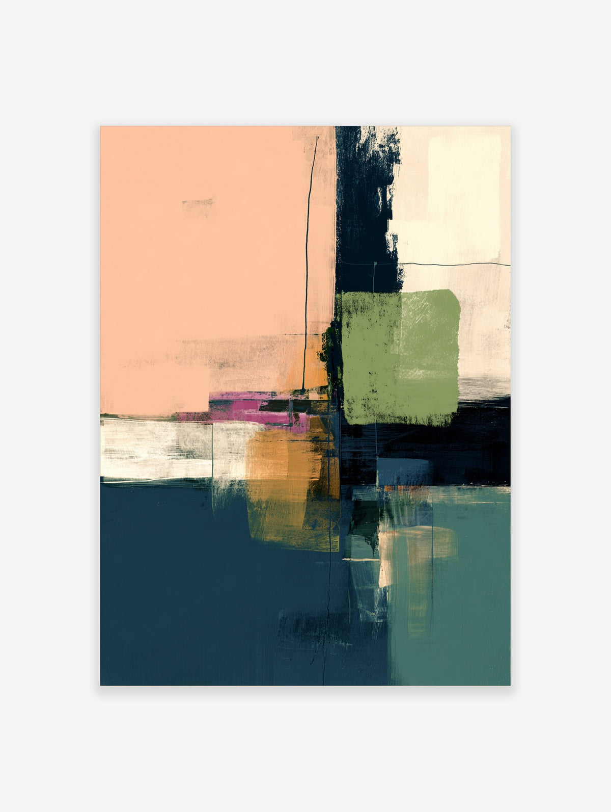 Abstract expressionist wall art with layered peach, navy, ochre, and olive green brushstrokes and lines