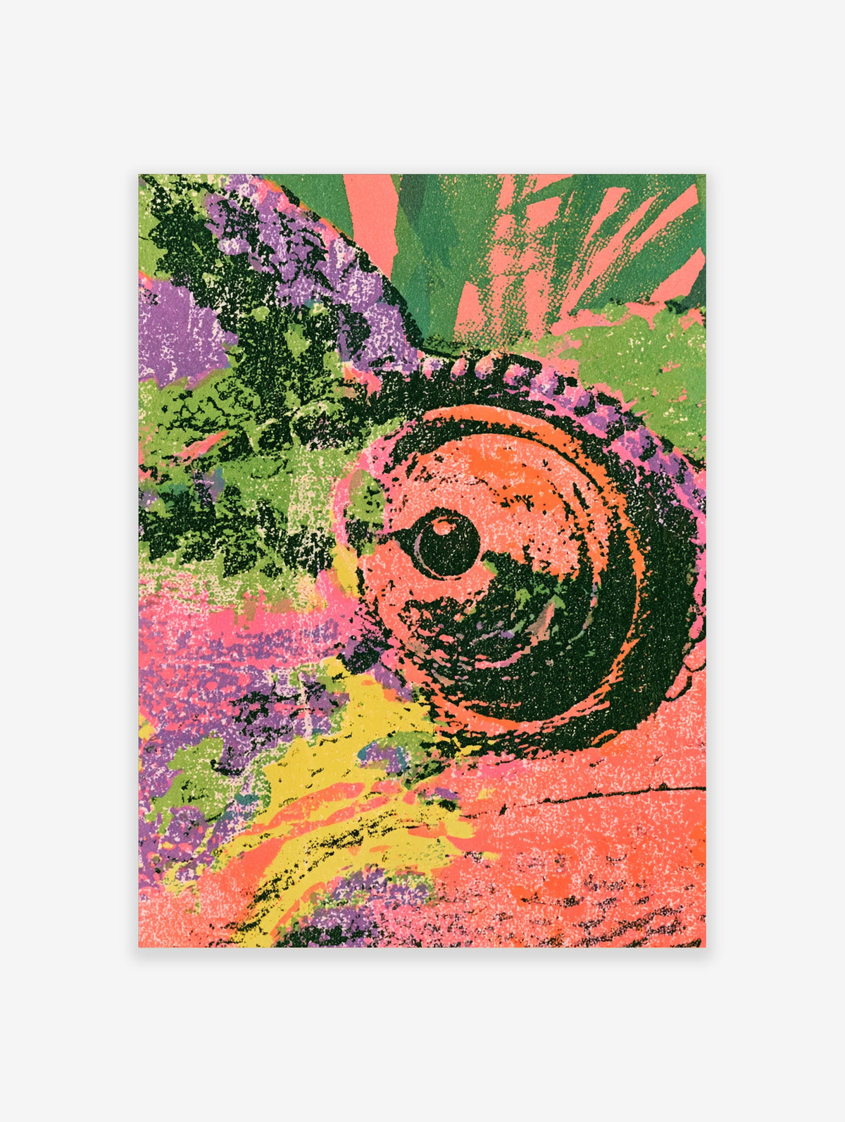 Abstract eye poster with green and pink spiral iris, black pupil, and speckled texture