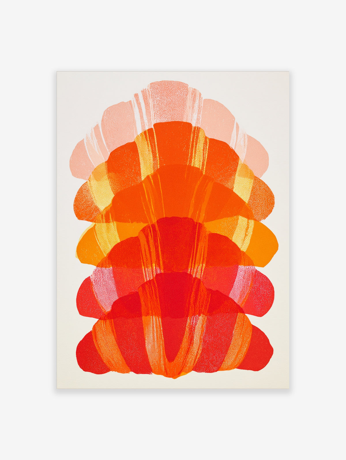 Abstract fan-like layered shapes in warm orange, red, and pink tones on a white background, wall art print