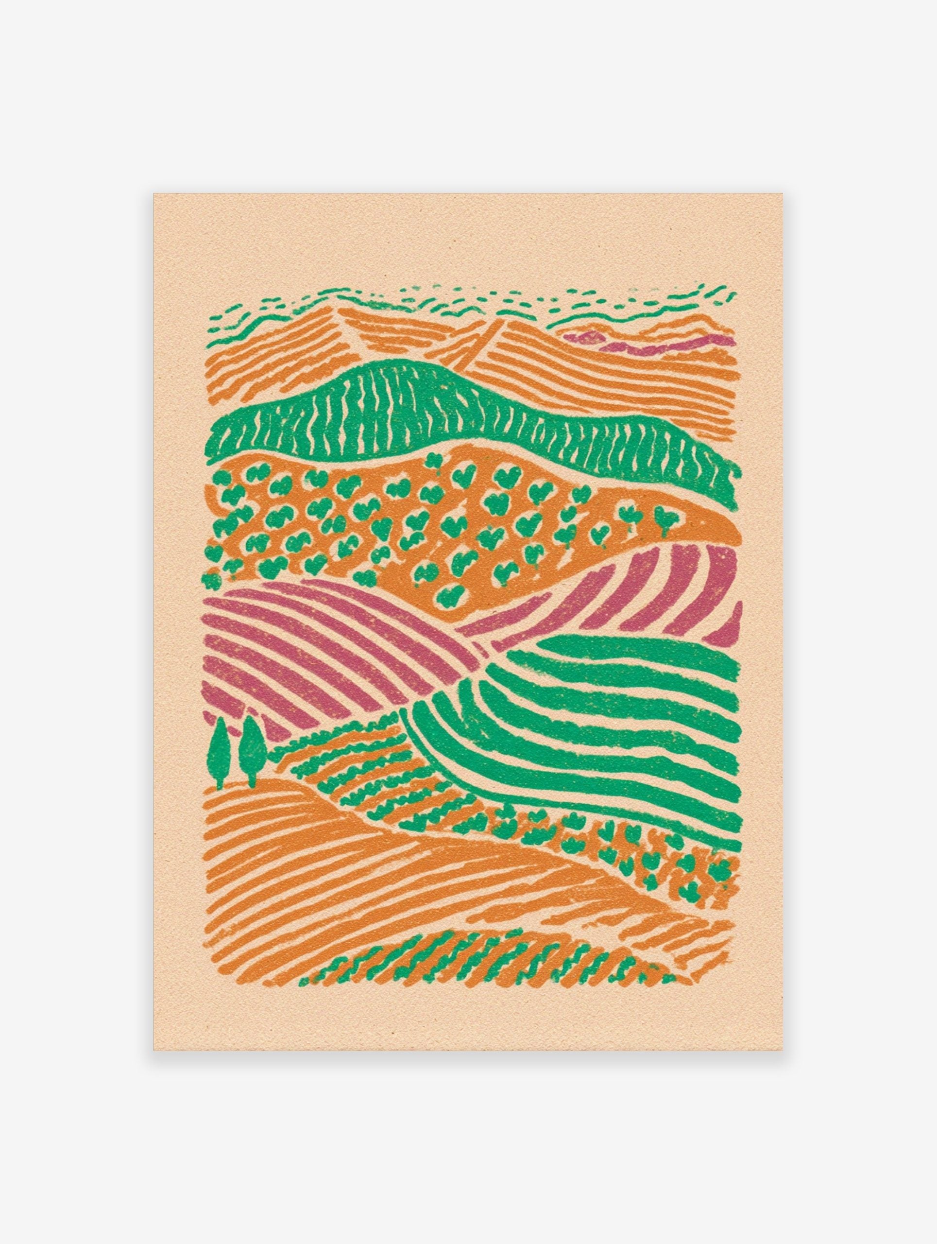 Illustrative abstract landscape print of layered farm fields in orange, green, and purple hues with small trees