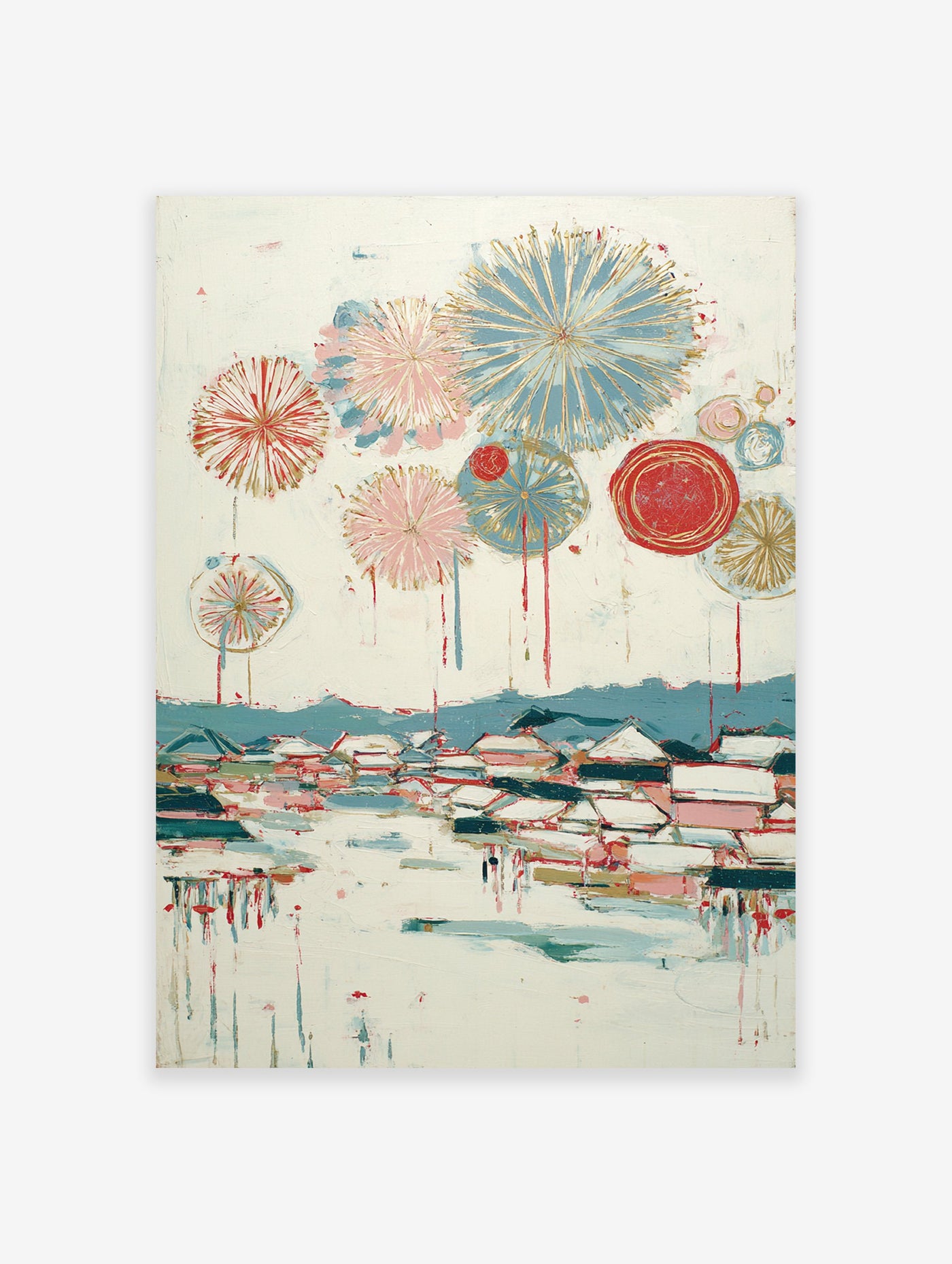 Abstract fireworks painting over a colorful village and mountains on a white textured canvas.