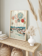 Abstract fireworks painting over a colorful village and mountains on a white textured canvas. - Image 3