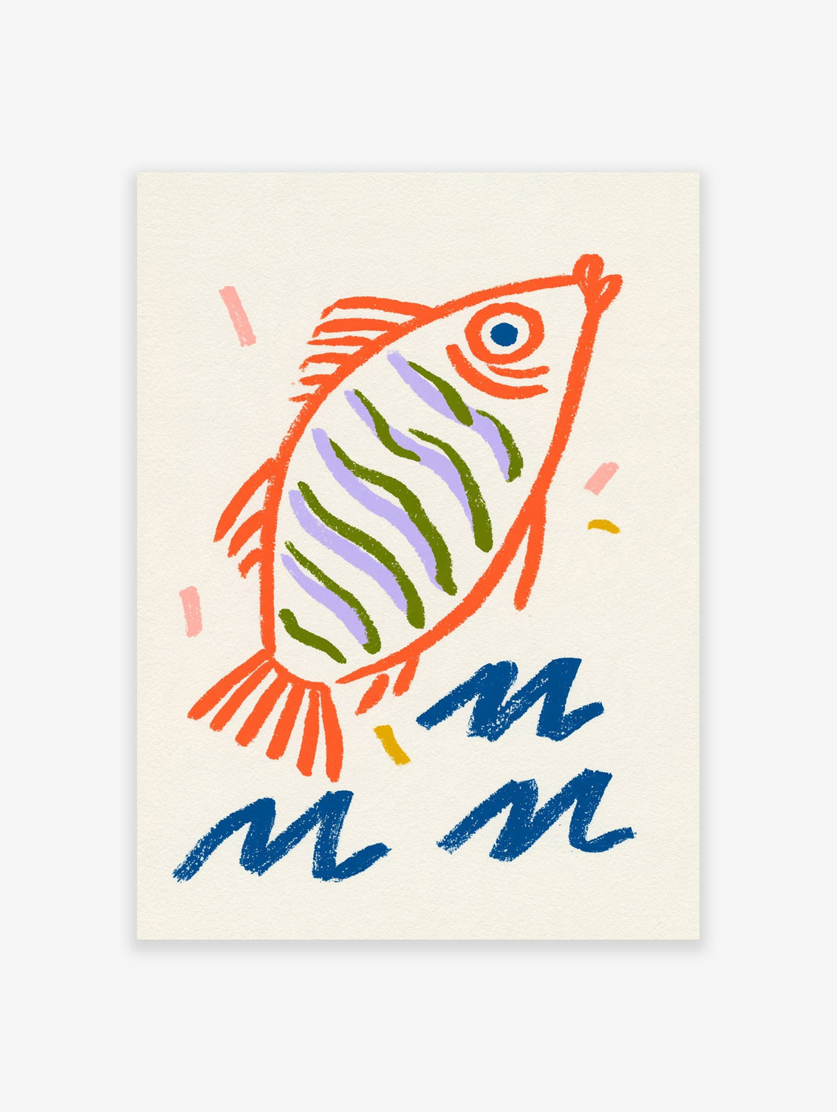 Abstract fish illustration with orange outline, green and purple stripes, and blue wave markings on a neutral background
