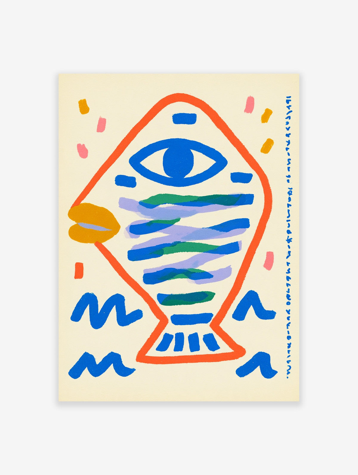 Abstract fish wall art with a large blue eye, orange outline, and layered blue and green brushstrokes on a cream background