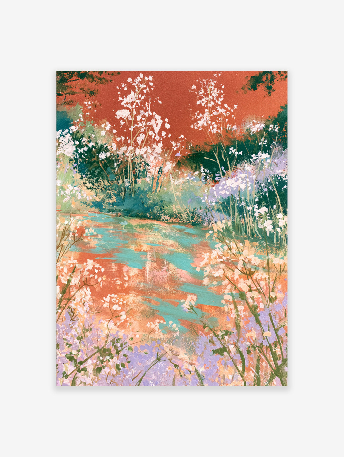 Abstract floral landscape print with white blossom trees, teal stream, coral red sky, and lavender flowers