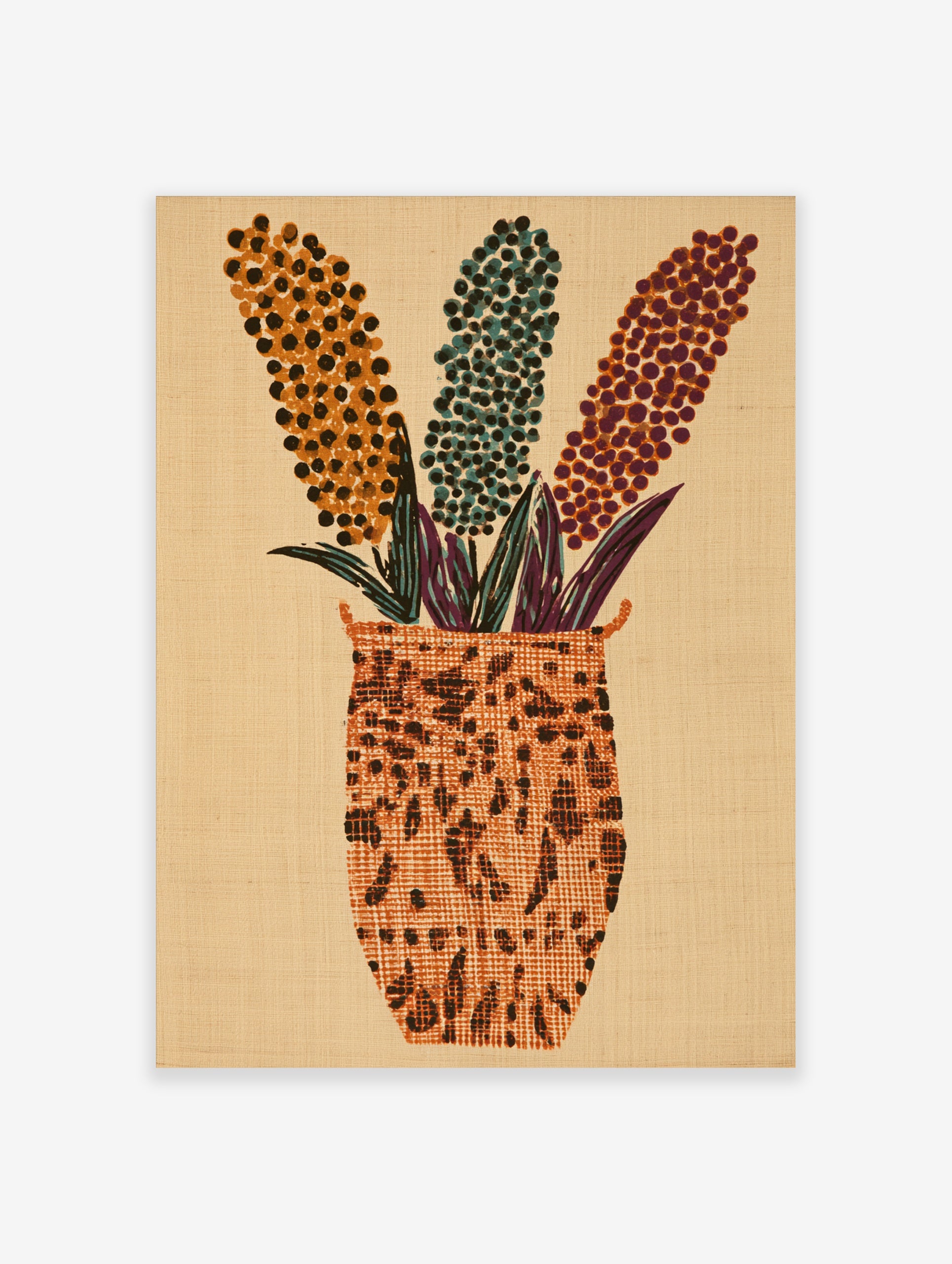 Abstract floral vase wall art with three dotted flower stalks in orange, teal, and purple on a neutral background