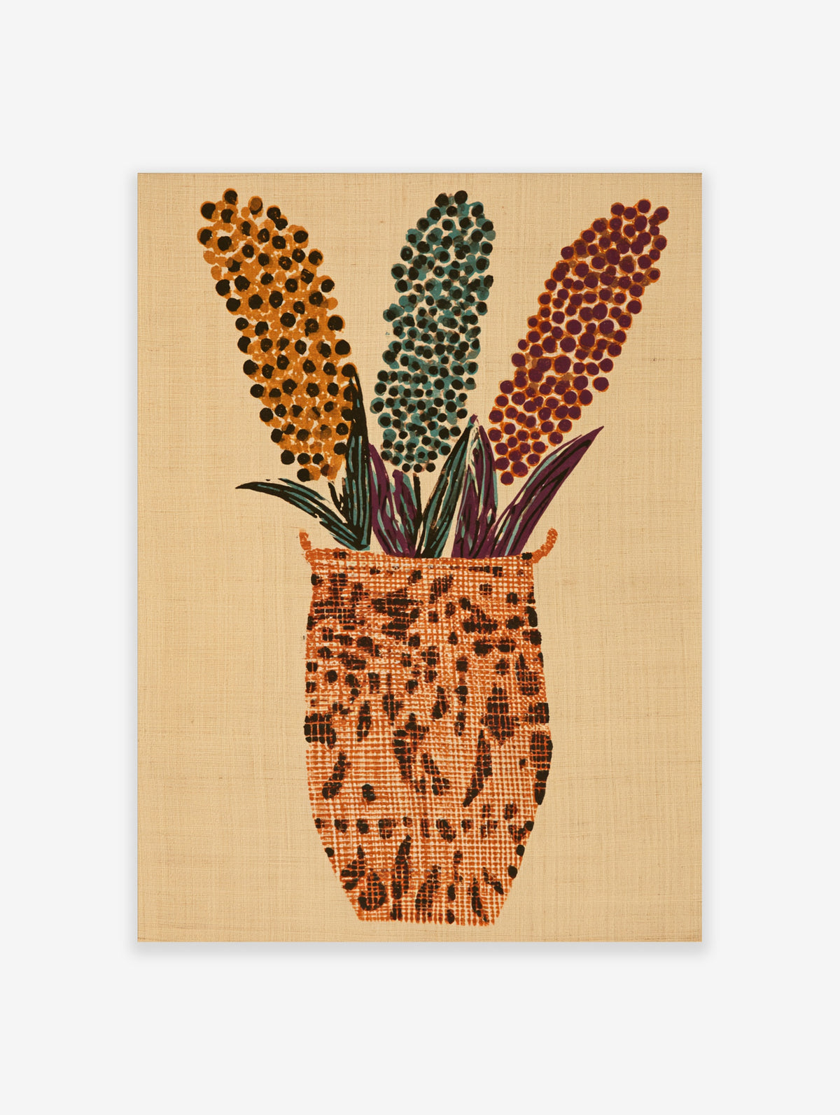 Abstract floral vase wall art with three dotted flower stalks in orange, teal, and purple on a neutral background