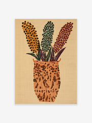 Abstract floral vase wall art with three dotted flower stalks in orange, teal, and purple on a neutral background