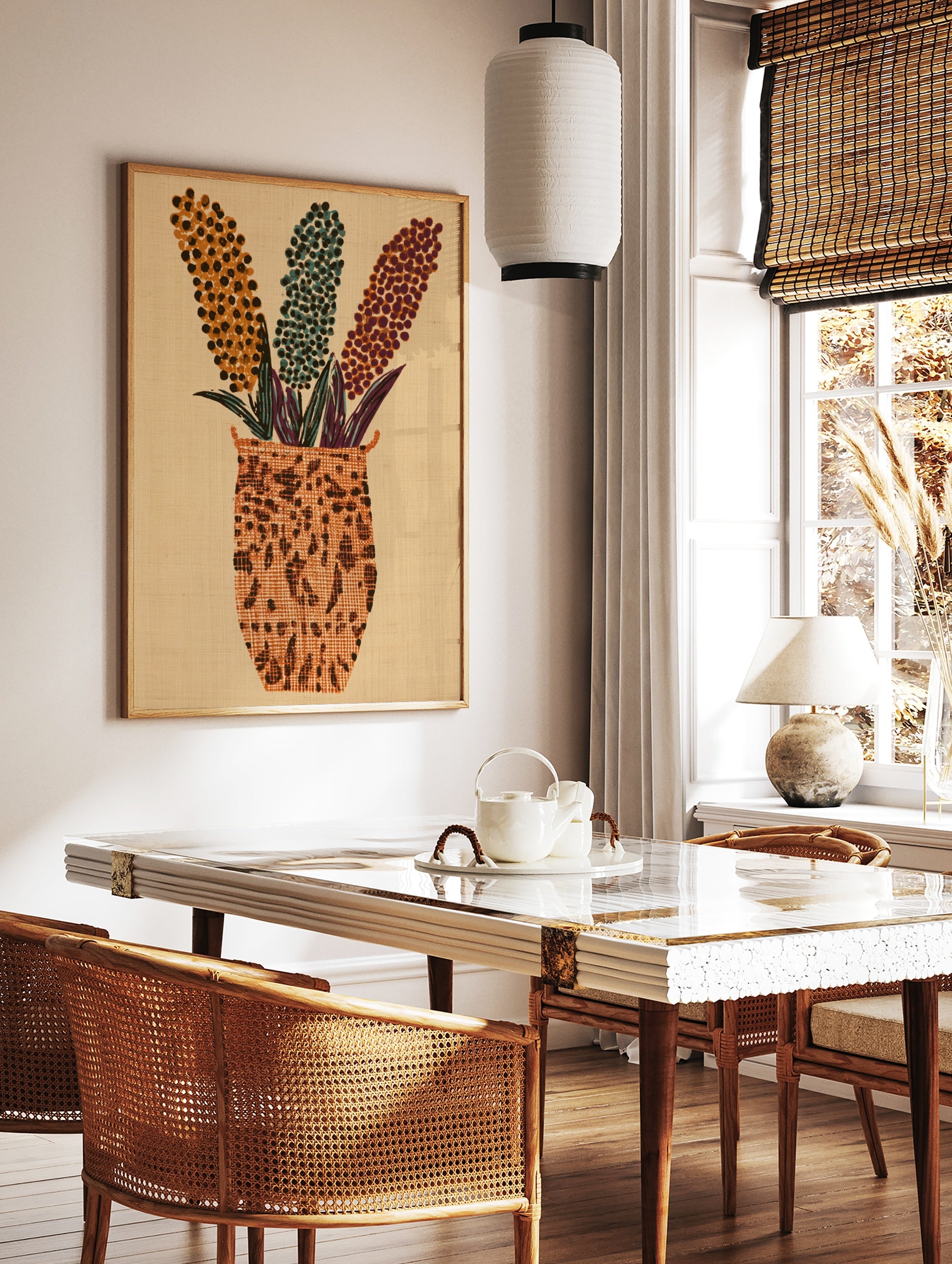 Abstract floral vase wall art with three dotted flower stalks in orange, teal, and purple on a, in a styled room mockup