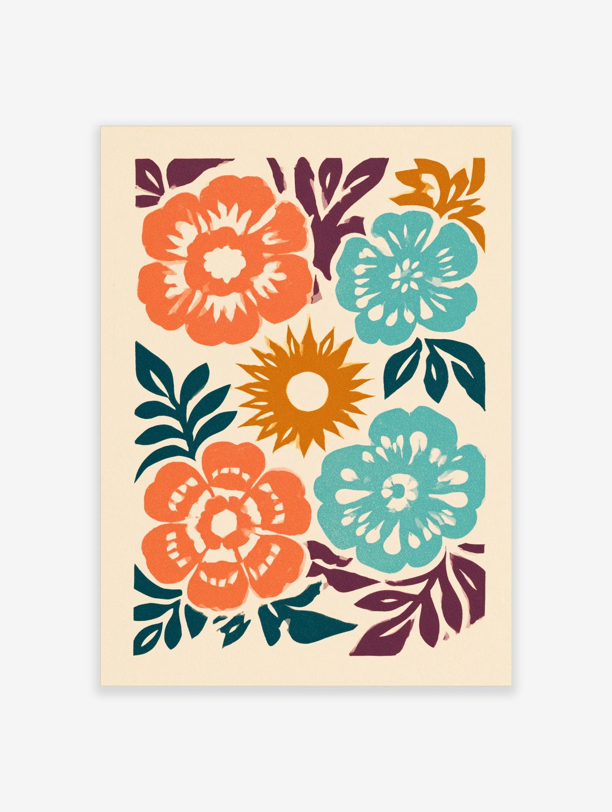 Stylised abstract floral wall art print with orange and teal flowers and a central sun on a beige background