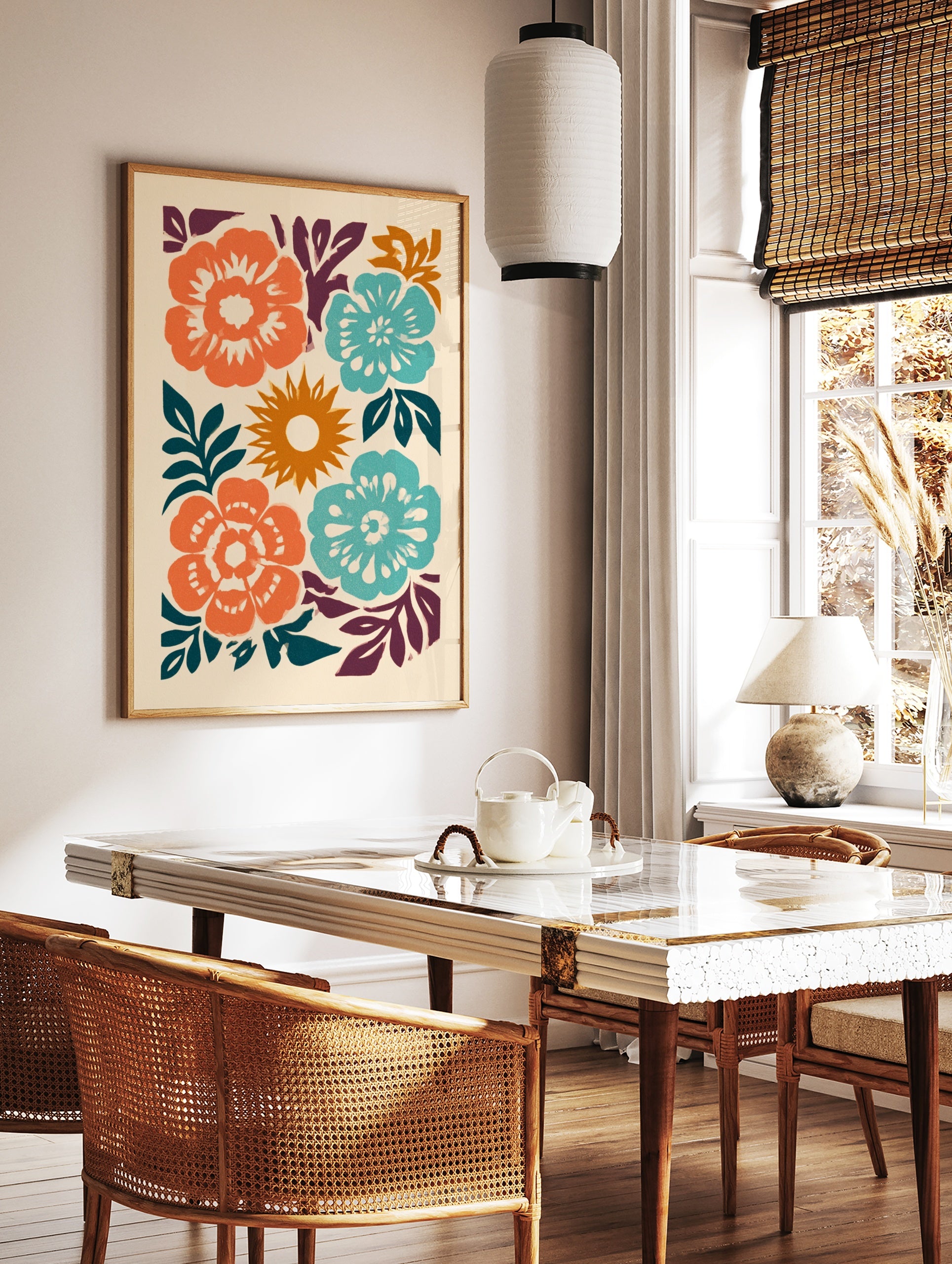 Stylised abstract floral wall art print with orange and teal flowers and a central sun on a beige, in a styled room mockup