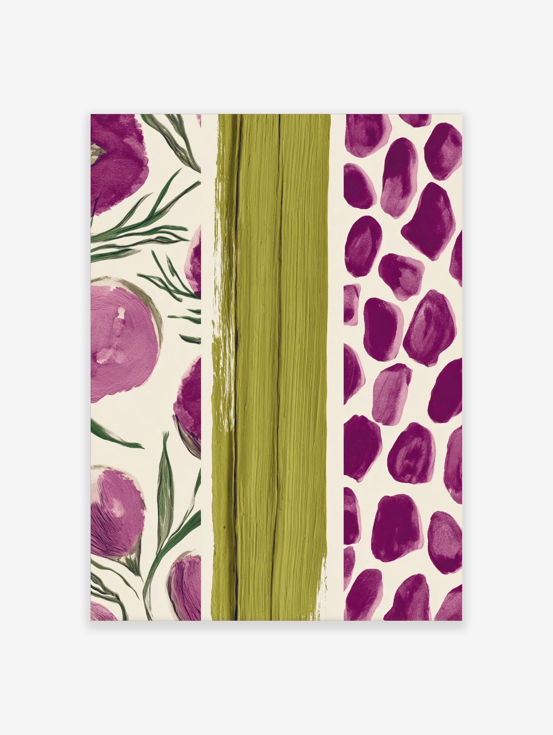 Abstract art print with purple floral shapes and a central panel of textured green brushstrokes on a cream background
